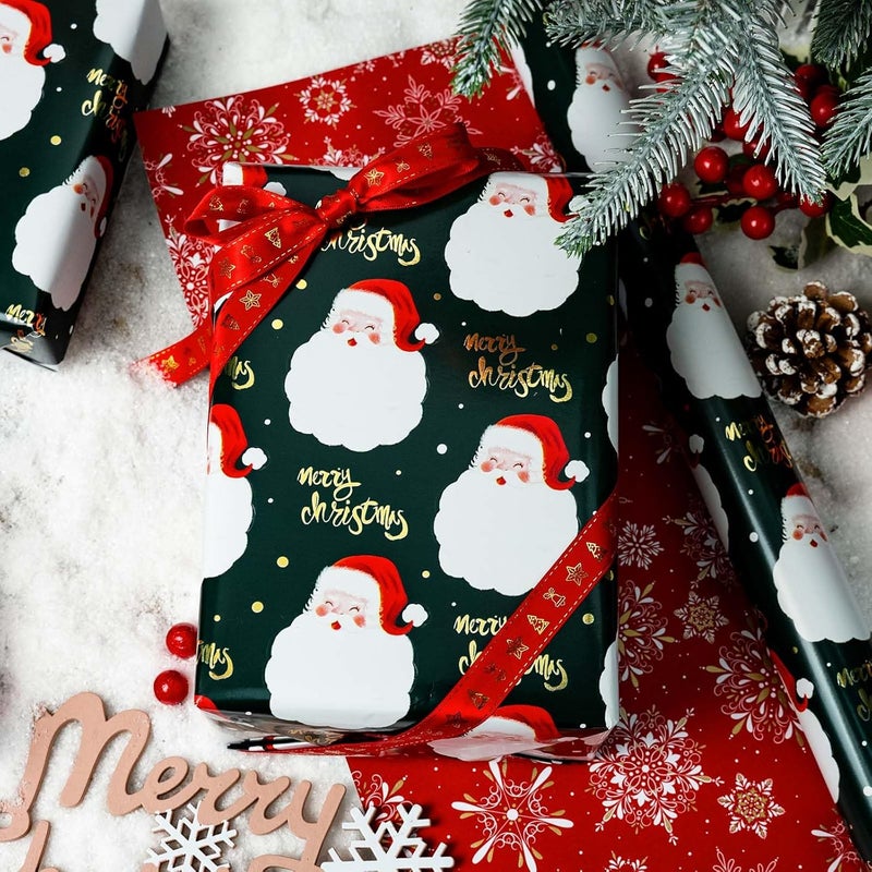 MAYPLUSS Christmas Wrapping Paper Roll - 17IN X 33FT - Green Gift Wrap Paper Featuring Santa Claus Gold Merry Christmas Reversible Snowflake for Kids, Holiday, New Year - Image 2